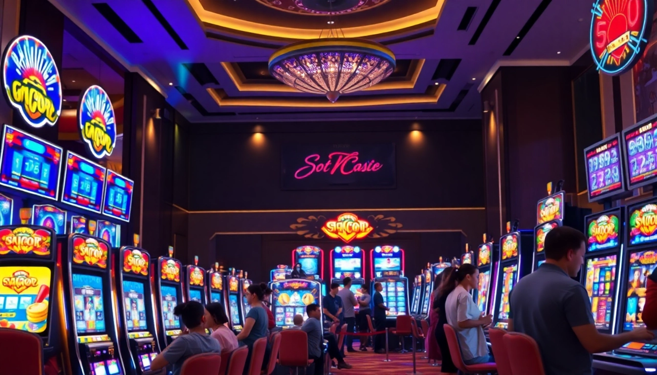 Players enjoying slot gacor machines in a vibrant casino atmosphere filled with excitement.