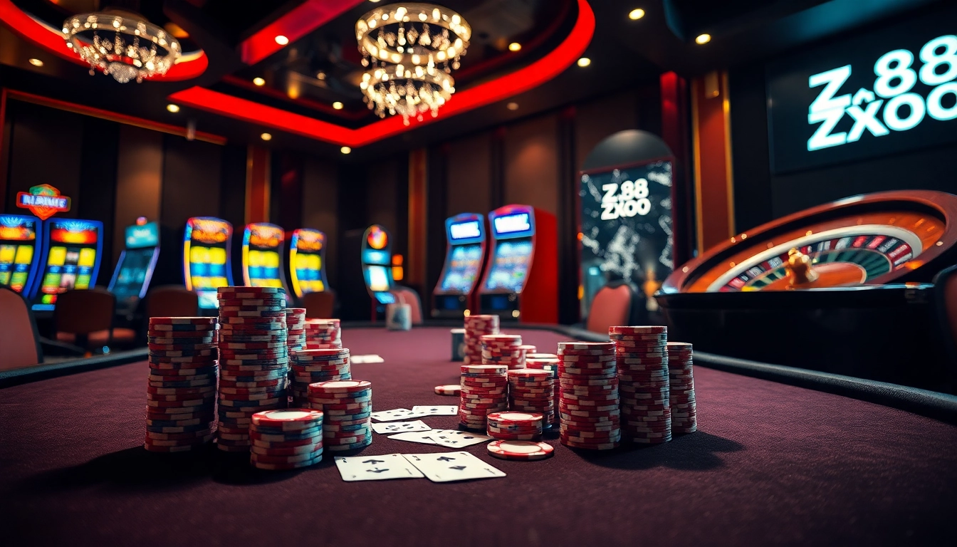 Experience the thrill at ZX88 Casino with vibrant poker chips and an elegant poker table.