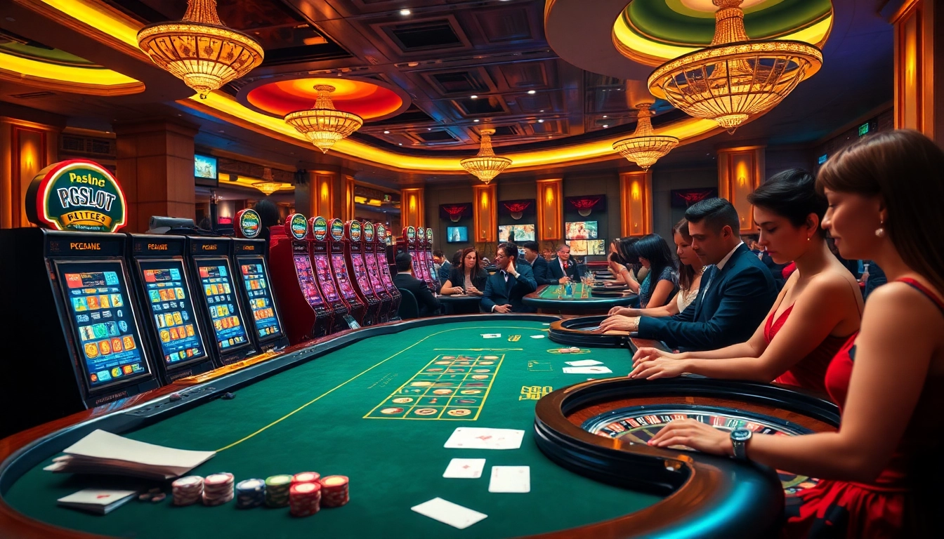 Players engaging at a PGSLOT gaming table in an elegant casino setting, celebrating wins and excitement.