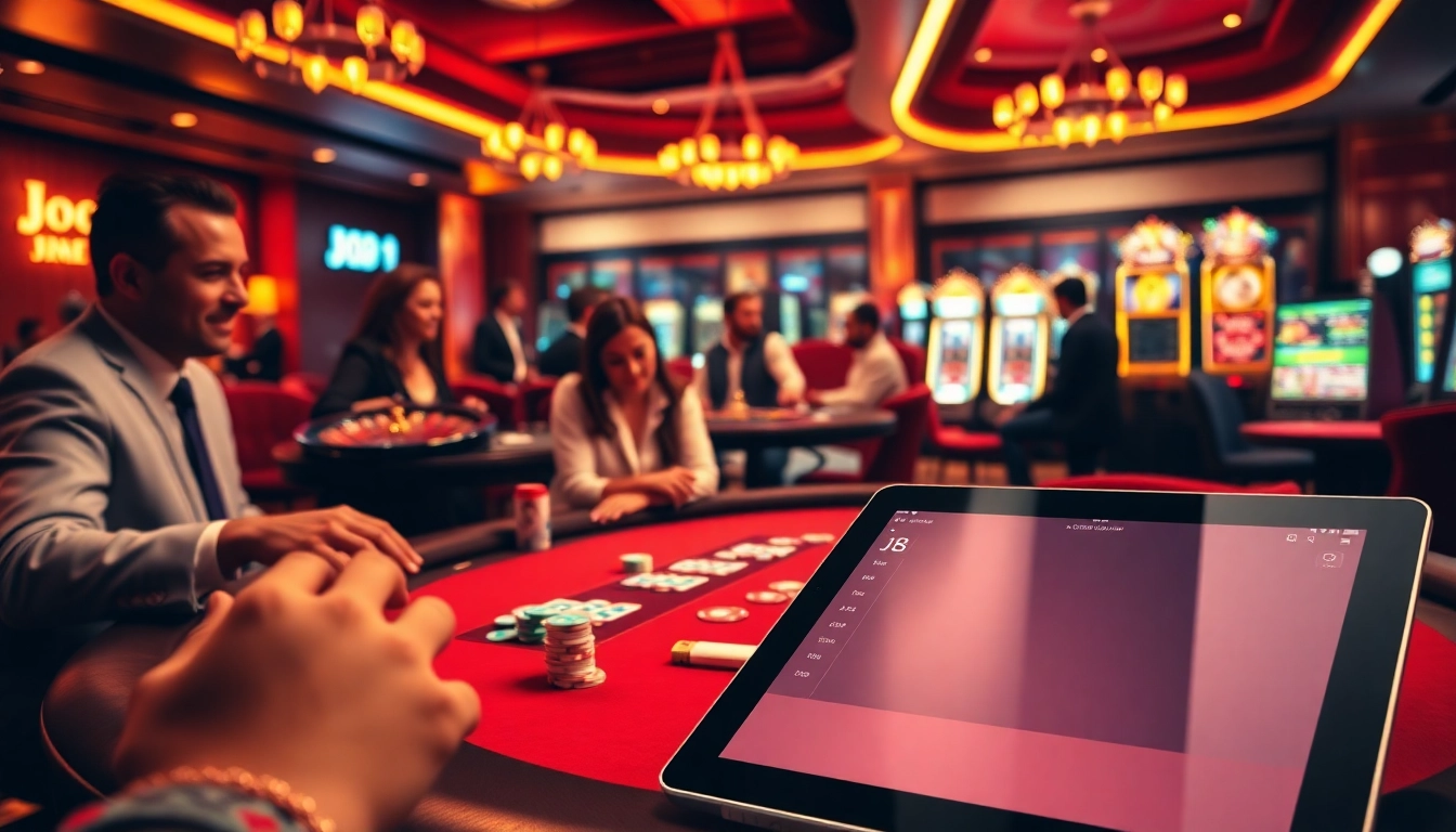 A thrilling scene of J8 poker players, vibrant casino atmosphere with roulette wheels and slot machines.