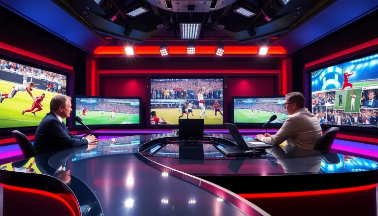Captivating sports broadcasting scene with hosts and vivid displays of live events.