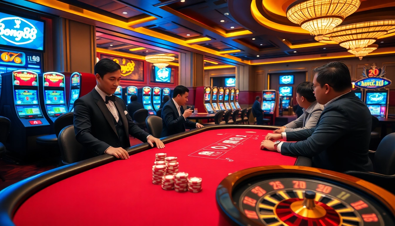 Experience thrilling gameplay at Bong88's luxurious casino tables with vibrant poker chips and excited players.