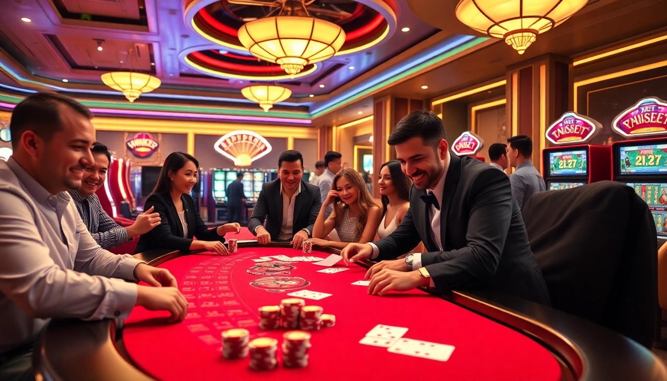NK88 players engaging in exciting casino games with vibrant tables and bright slot machines.