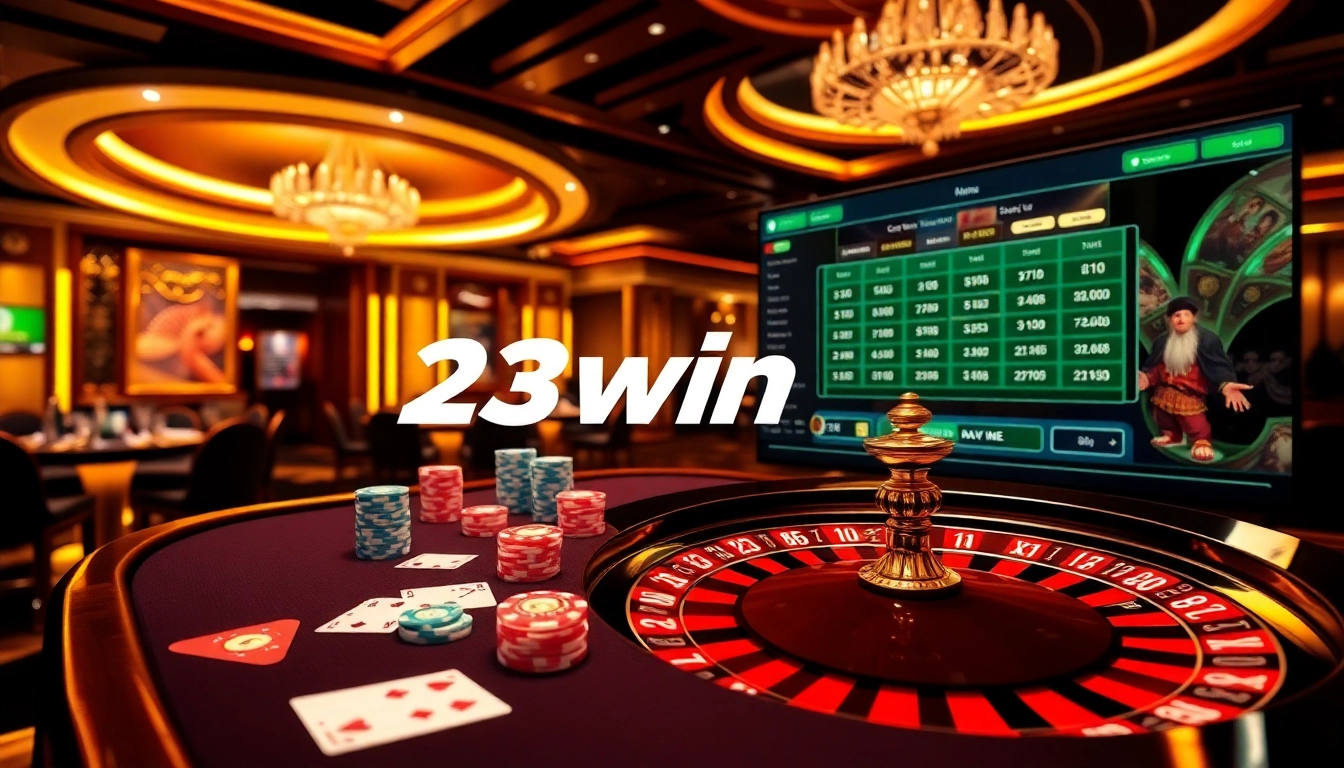 Experience the thrill of gambling at 23win. com with vibrant chips and a roulette wheel.