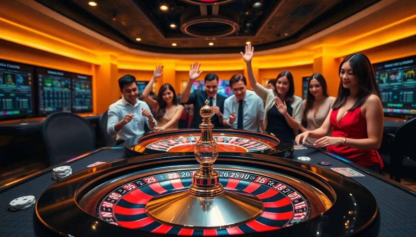 Players enjoying the thrill of nk88 casino games with cards and roulette wheels in action.