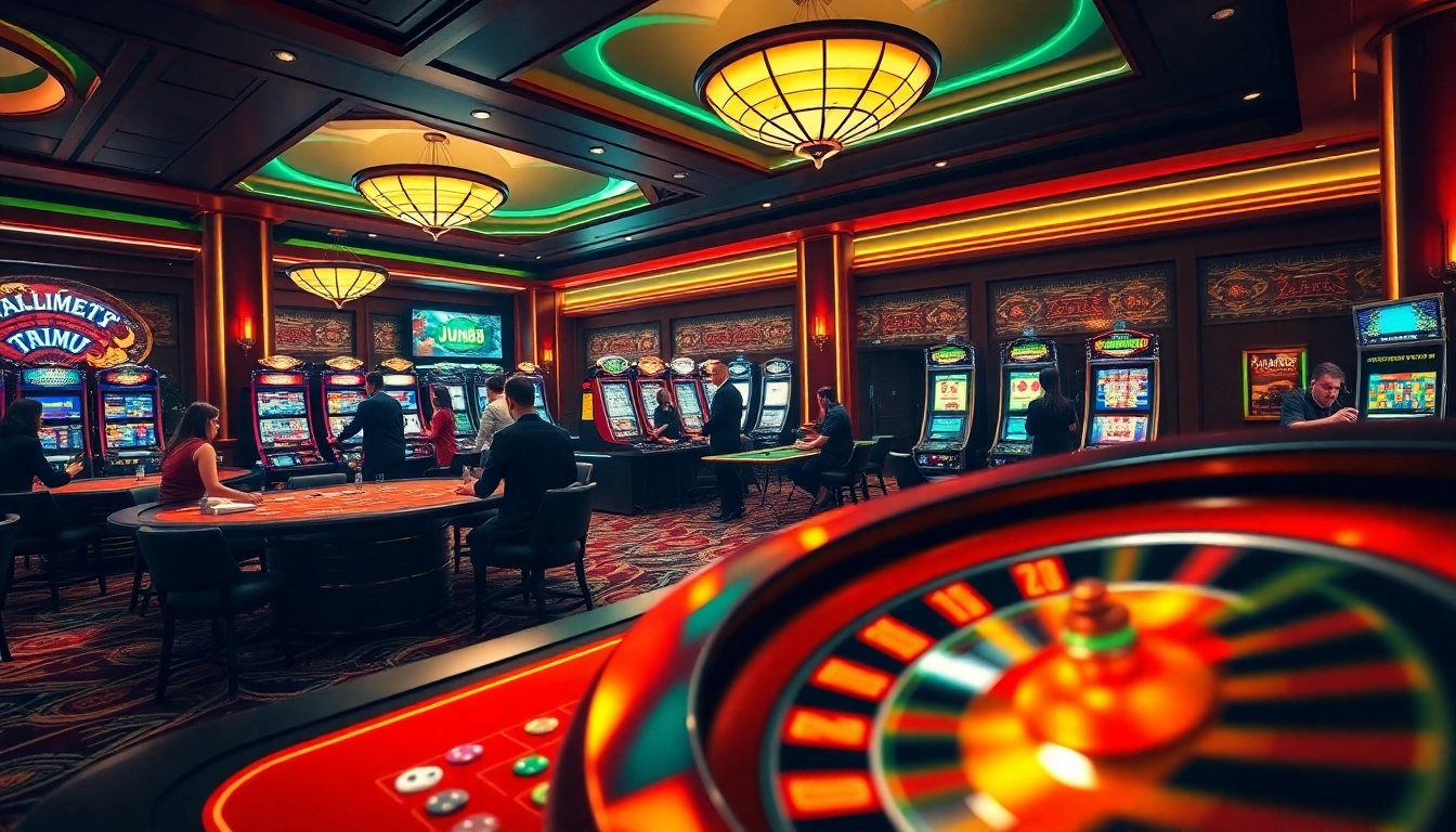 Players enjoying a dynamic casino experience at Jun88, featuring poker chips and a roulette wheel.