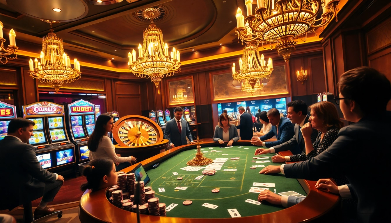 Kubet casino scene with players at tables, vibrant slot machines, and roulette for thrilling gaming.