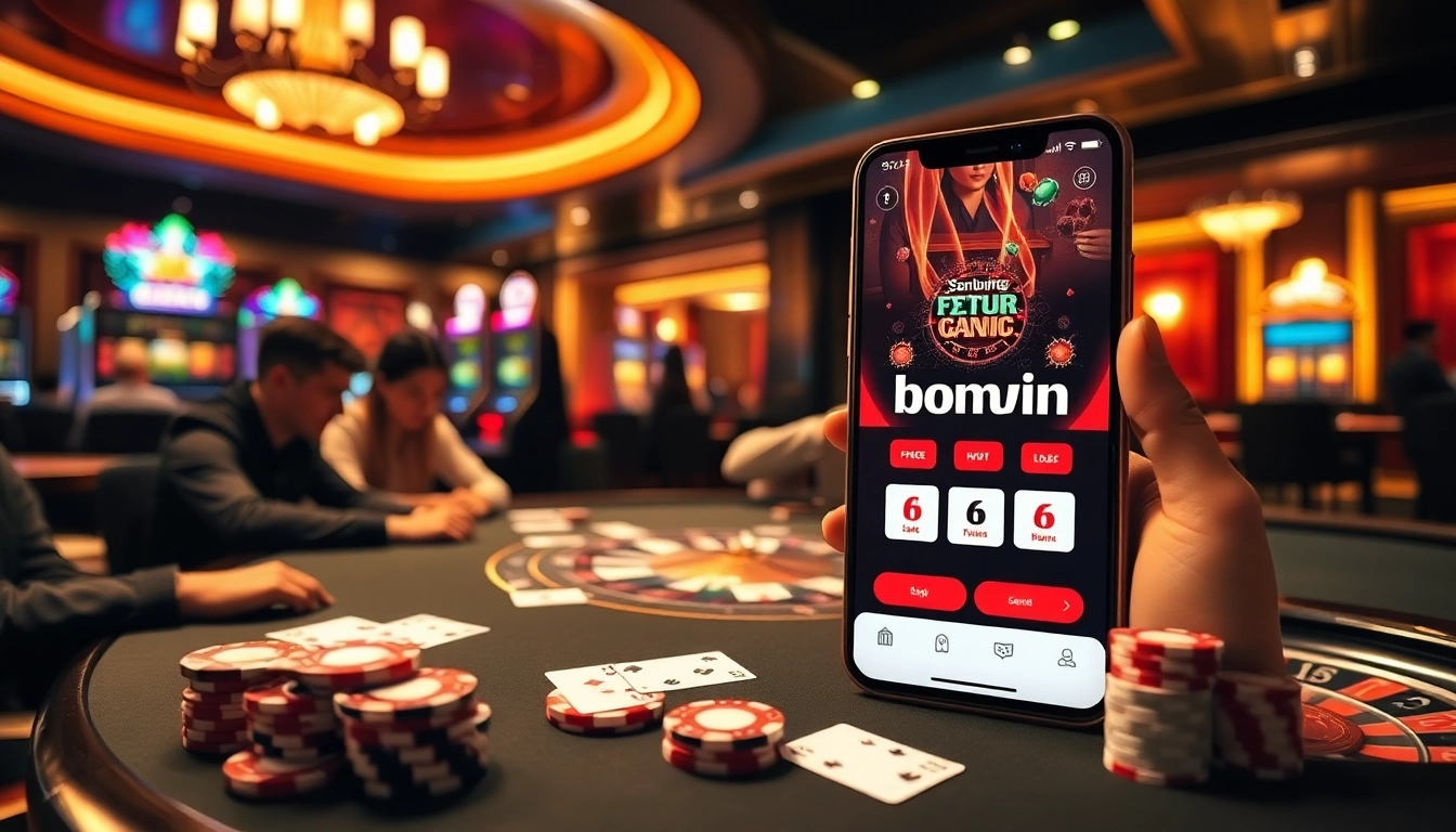 Experience the thrill of Đăng nhập bomwin with vibrant casino visuals and premium gaming elements.
