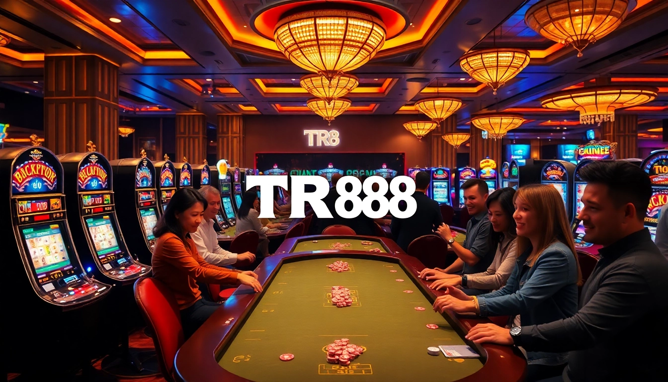 Experience the vibrant thrill of winning at TR88's casino games with engaging players and colorful slot machines.