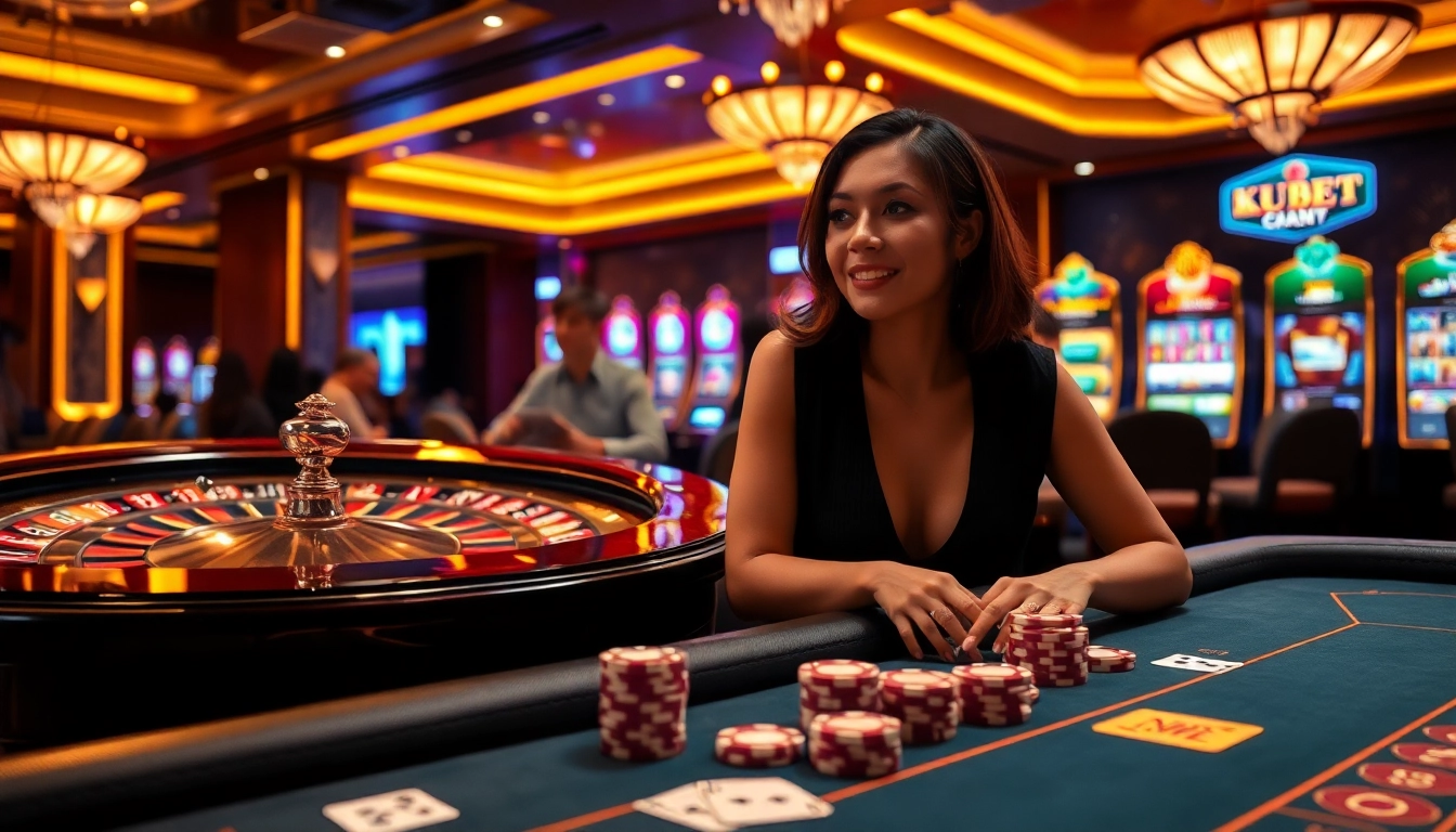 Kubet players engaging in a high-stakes game at a luxurious casino table with poker chips and cards.