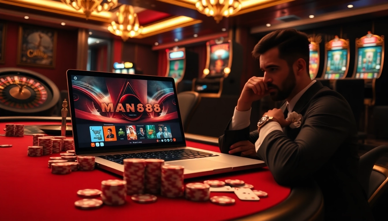 Man88 offers a thrilling online casino experience with a stylish poker setup and betting slips.