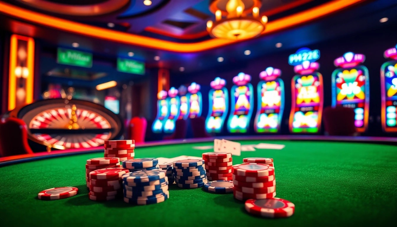 Play thrilling games at PH222 with vibrant poker chips and a lively casino ambiance.
