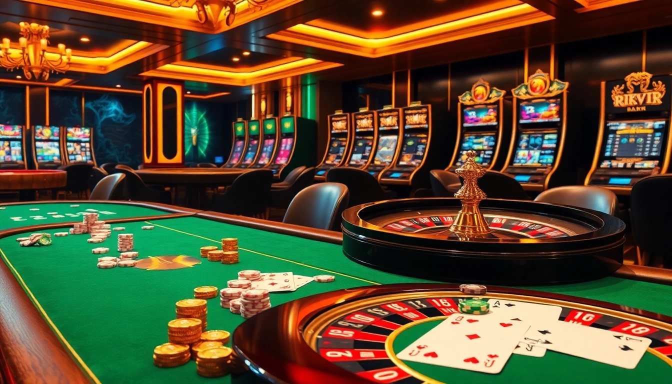 Exciting gaming action at Rikvip with vibrant casino tables, poker chips, and roulette wheel.