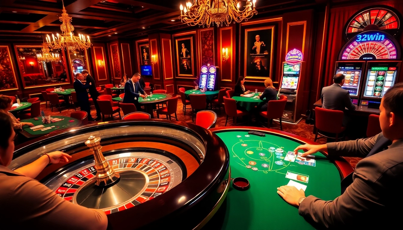 Experience the excitement at 32win's luxurious casino with an engaging roulette table scene.