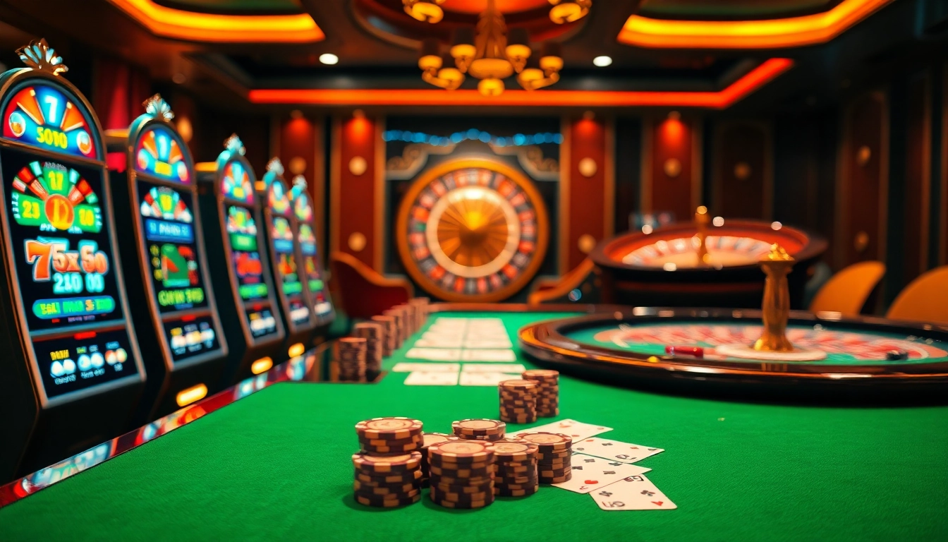 Experience the excitement of betting online now with vibrant slot machines, poker chips, and a spinning roulette wheel.