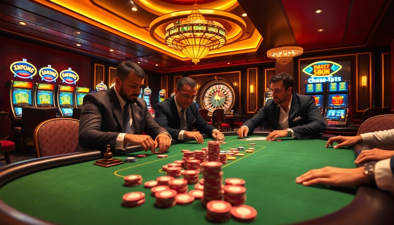 Players engage in high-stakes poker at dn88.tips casino, showcasing chips and vibrant slot machines.