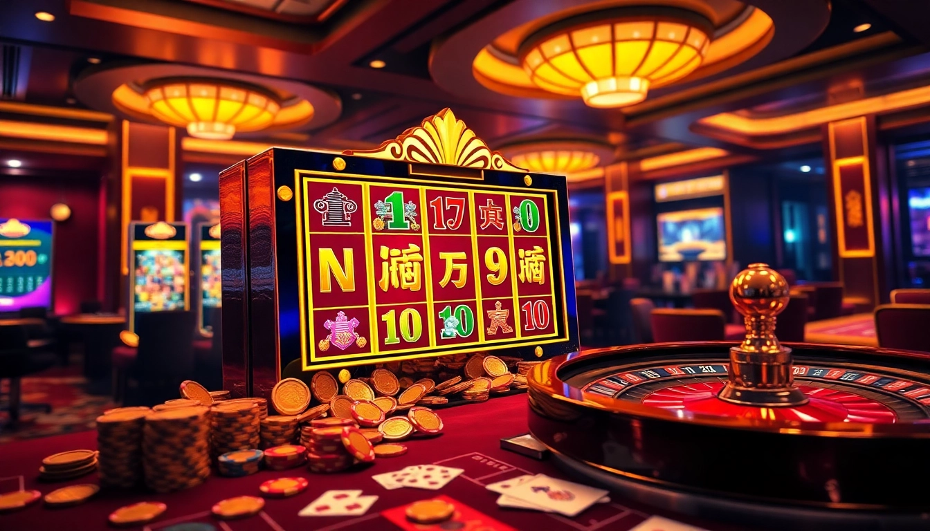 Nổ hũ slot machine surrounded by coins and poker chips in a luxurious casino setting.