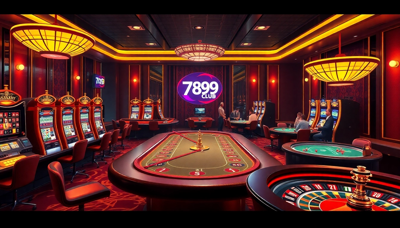 Players enjoying high-stakes games at 789club's vibrant casino featuring slots and poker tables.