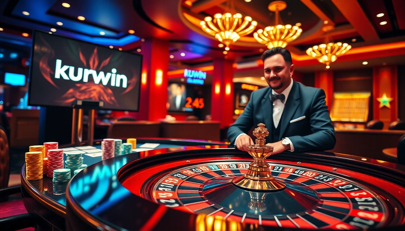 Engaging live dealer scene at KUWIN's online casino featuring a roulette table and vibrant poker chips.