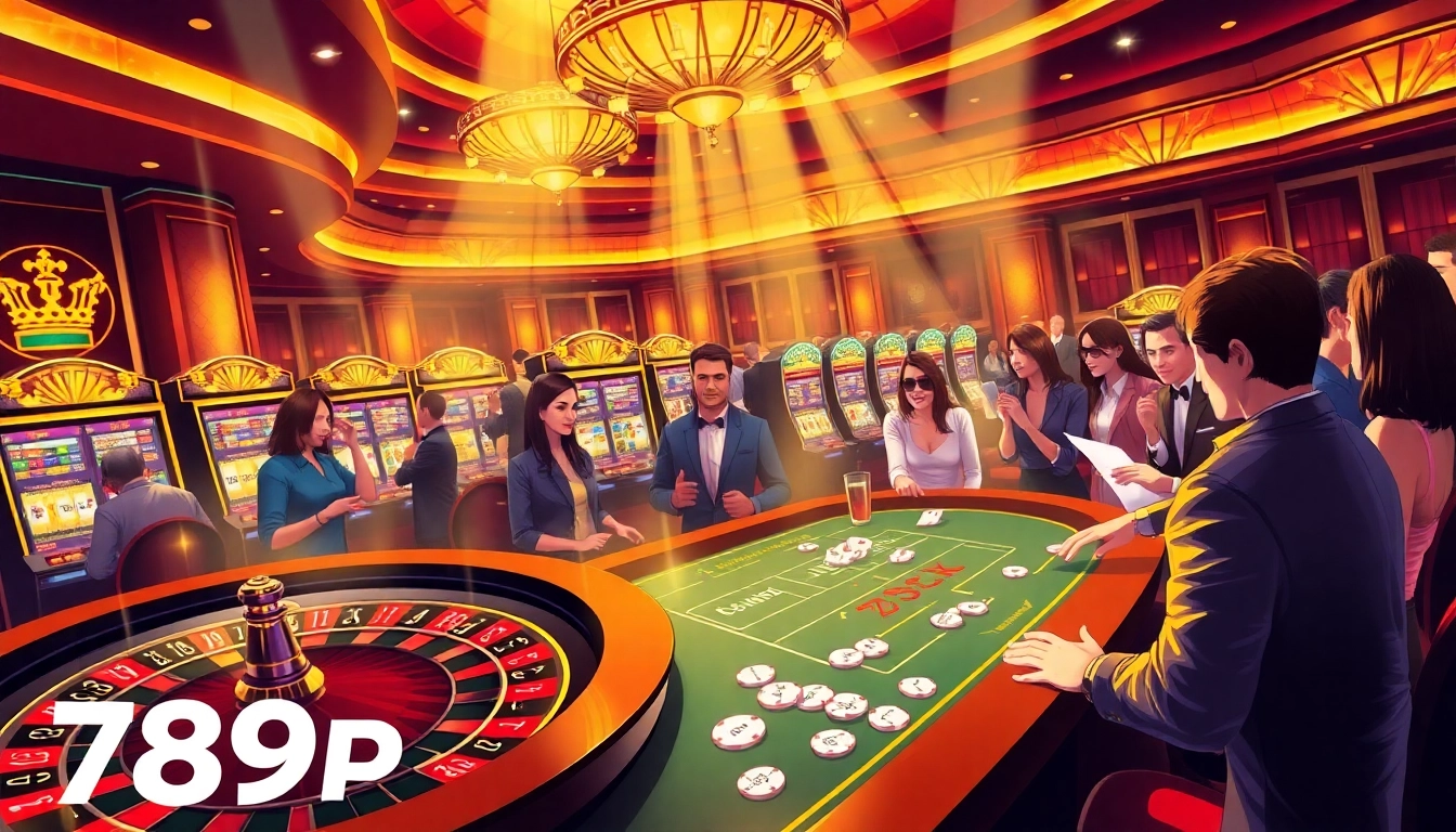 Experience thrilling gameplay at 789p with vibrant casino tables and lively gamblers.