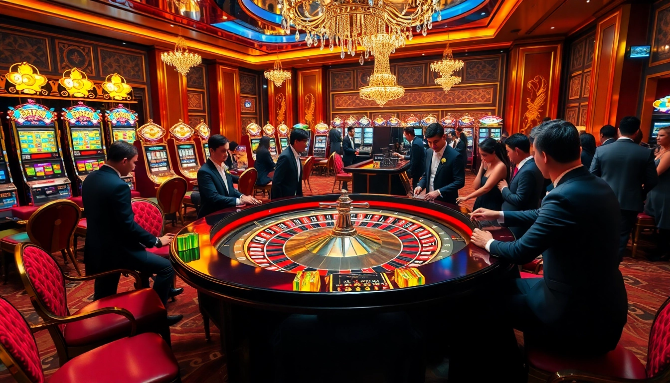 Players enjoy high-stakes roulette at RR88 casino, surrounded by luxury and excitement.