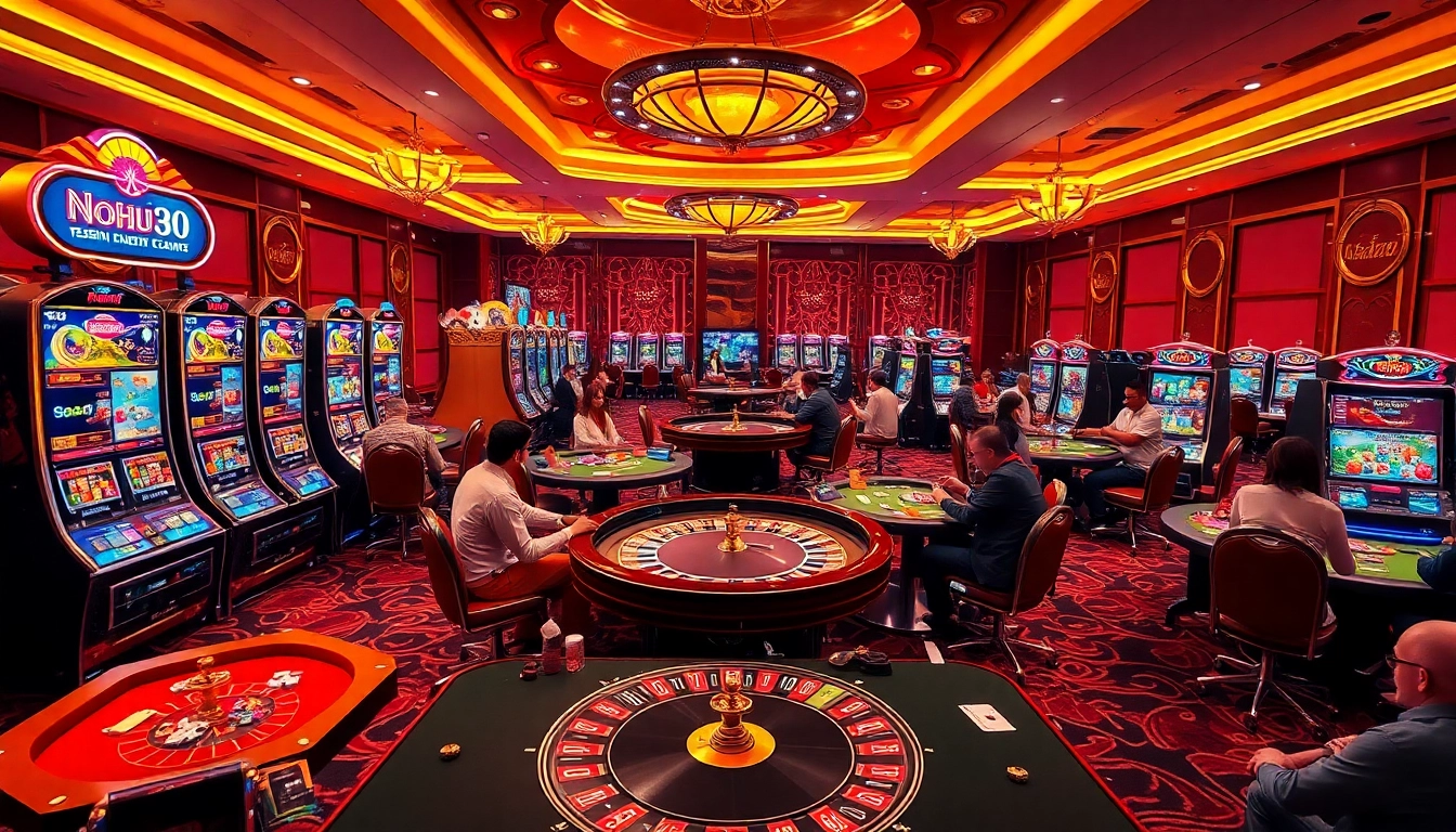Players enjoying thrilling moments at nohu90's luxurious casino tables with vibrant slot machines.
