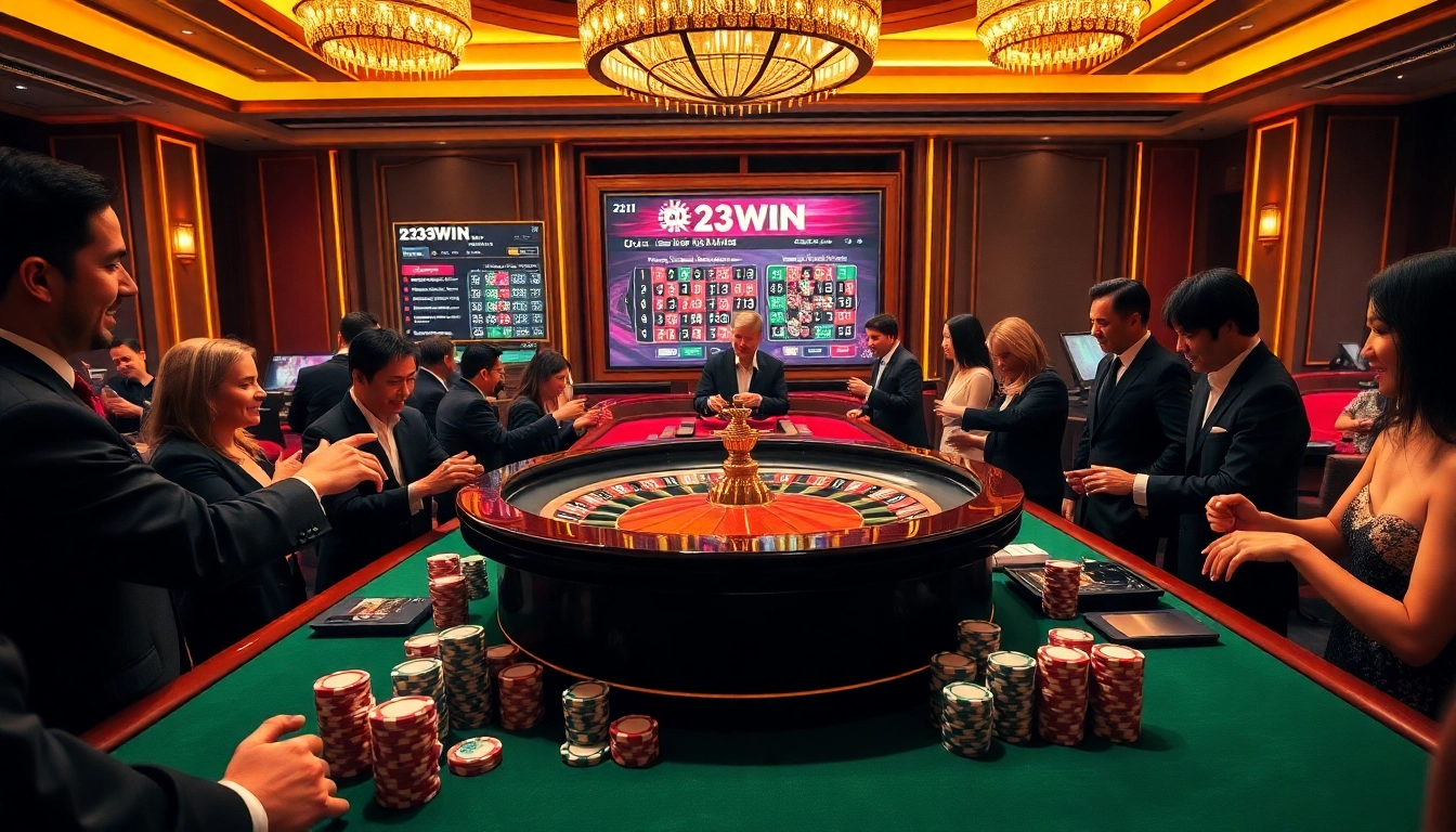 Excited players engaging at the 23WIN online casino roulette table, showcasing immersive gaming action.