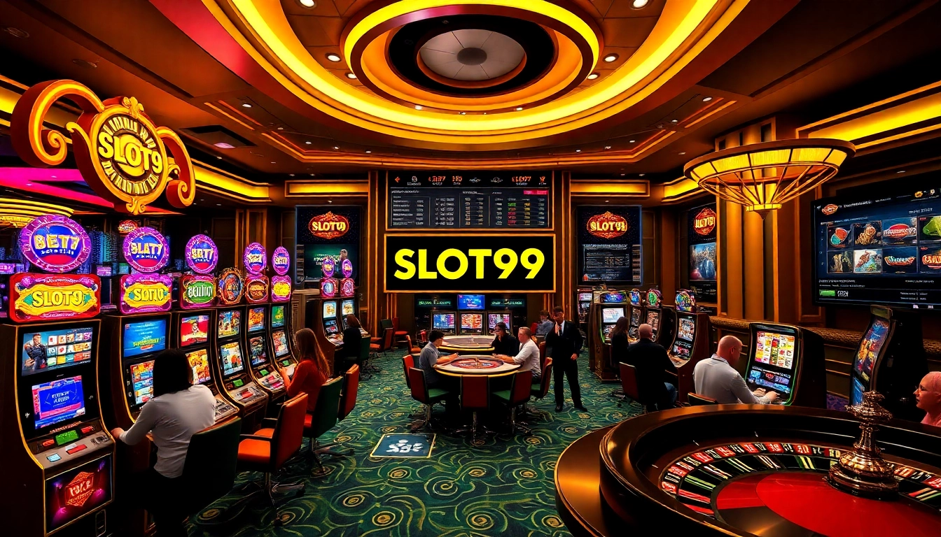 Experience the thrill of winning at SLOT99 with vibrant slot machines in a luxurious casino setting.