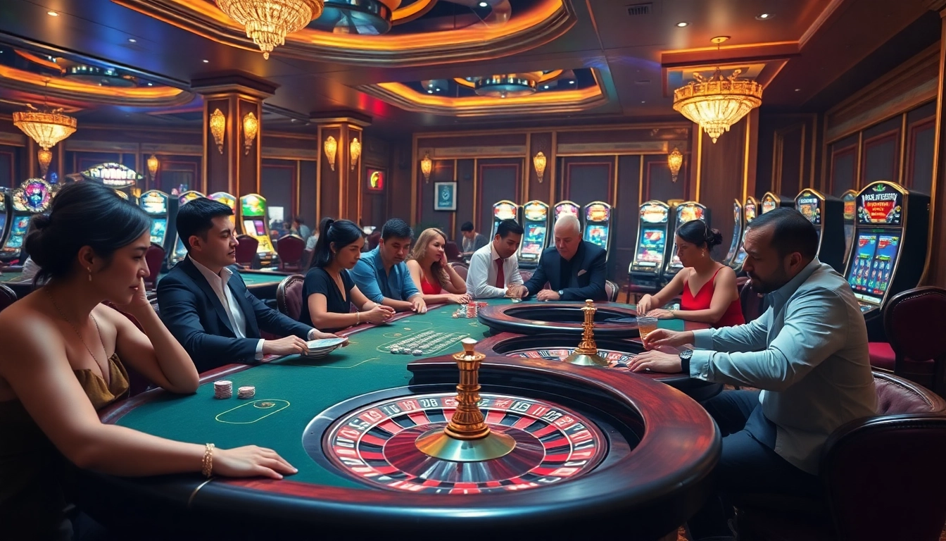 Hit club scene featuring enthusiastic gamblers at luxurious casino tables, engaging in exciting gameplay.