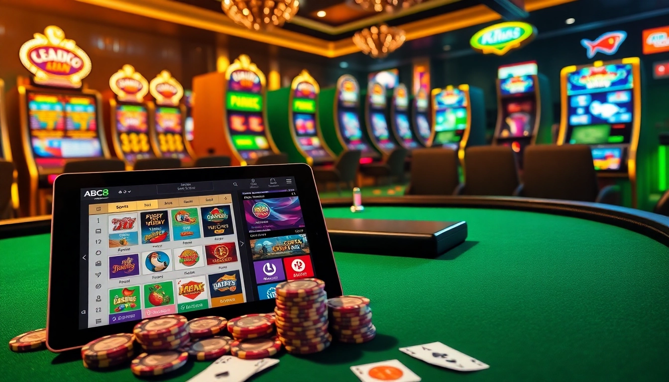 ABC8 poker table with vibrant chips and online betting interface showcasing exciting gameplay.