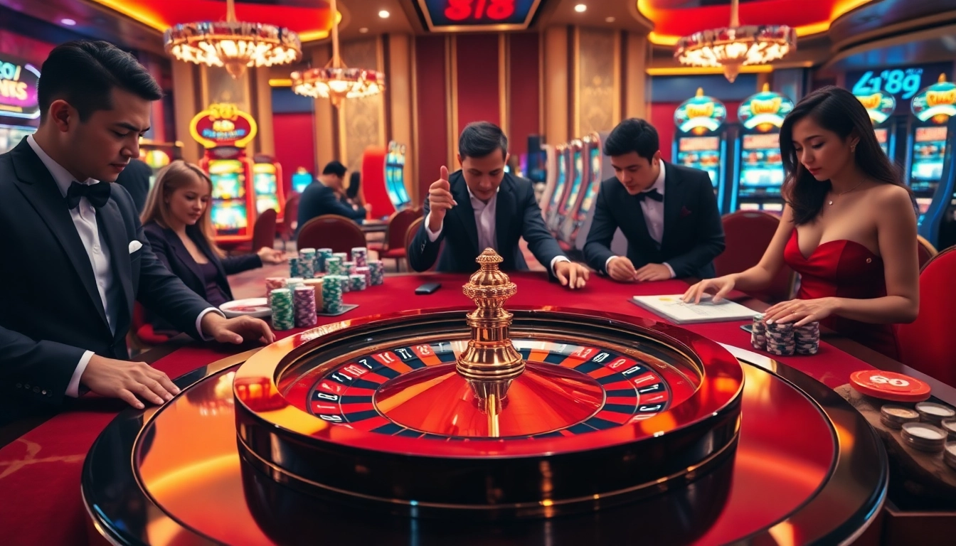 Gamblers enjoying high stakes excitement around a vibrant casino table at go 88.