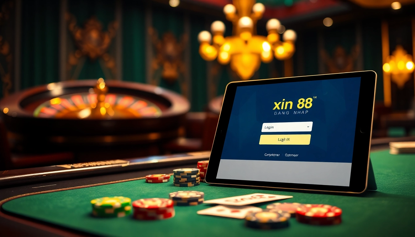 Experience the excitement of xin88 dang nhap with a stunning casino scene featuring poker chips and a roulette wheel.