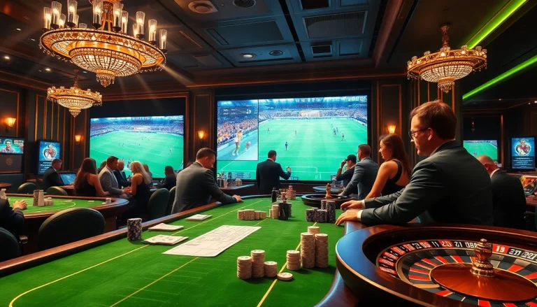 แทงบอล at a posh casino with eager players, betting slips, and poker tables.