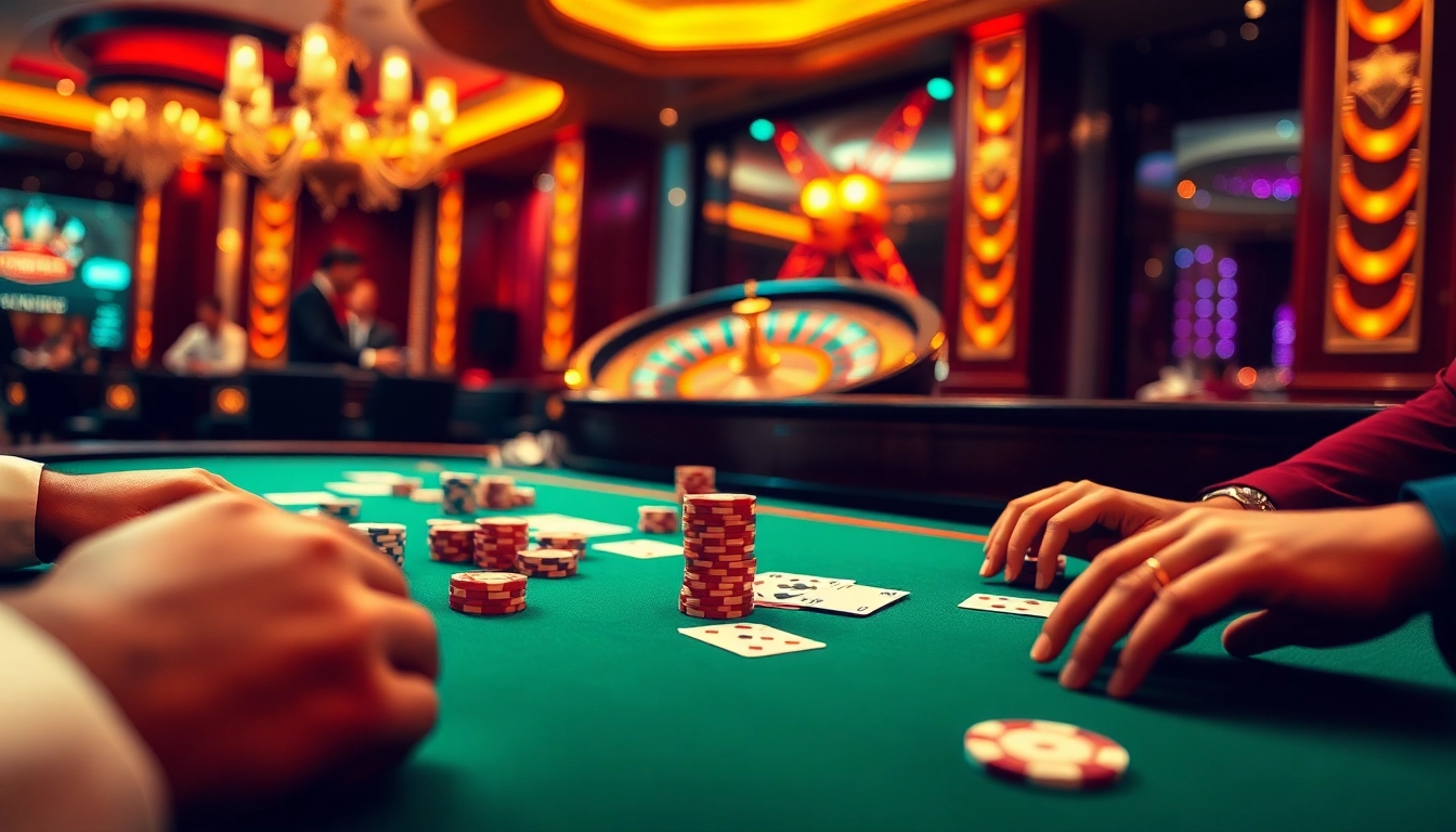 Players engaging at a vibrant casino table with Man88 branding in a luxurious setting.