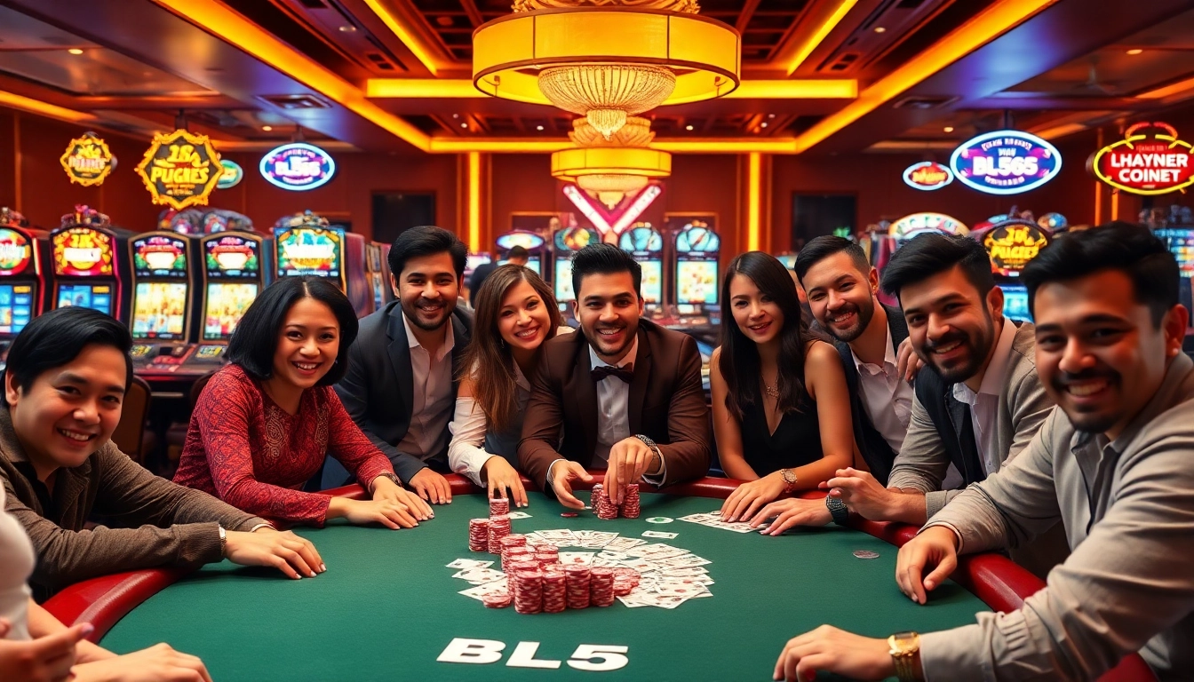 Players at a BL555 poker table showcasing high stakes excitement with vibrant casino elements.
