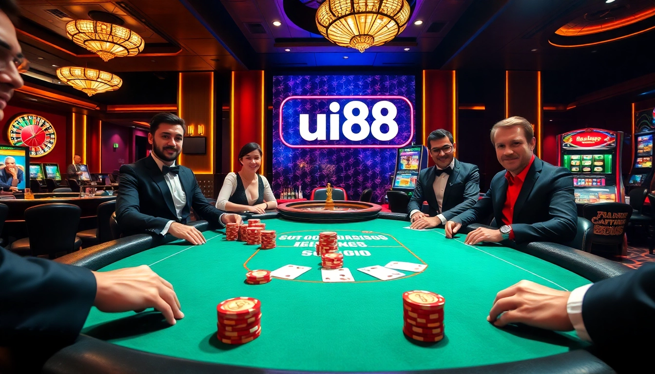 uu88 casino players strategizing at an elegant poker table with vibrant visuals.