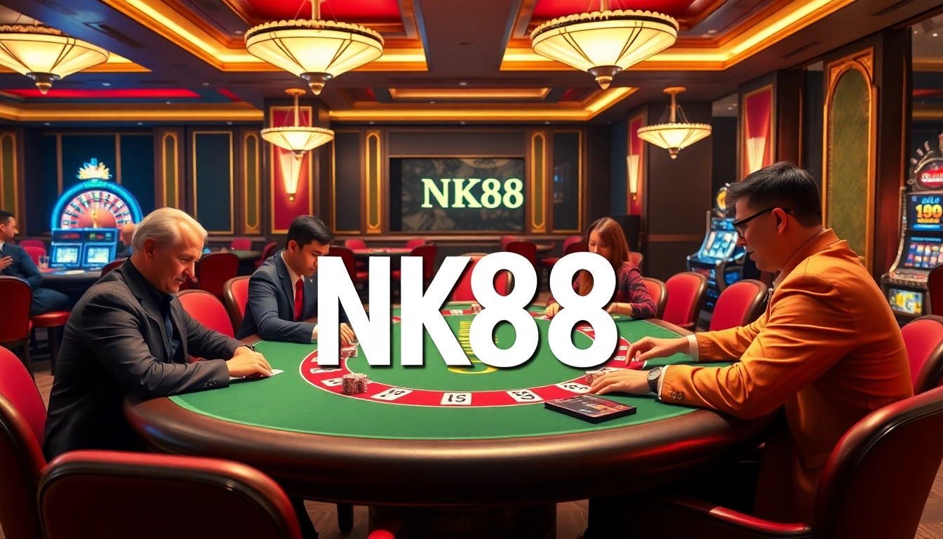 NK88 themed casino scene with poker table and roulette wheel, showcasing exciting gambling action.