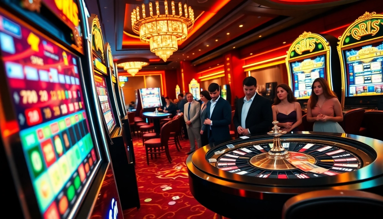 Players enjoying the slot qris payment method at an upscale casino venue with vibrant gaming machines.