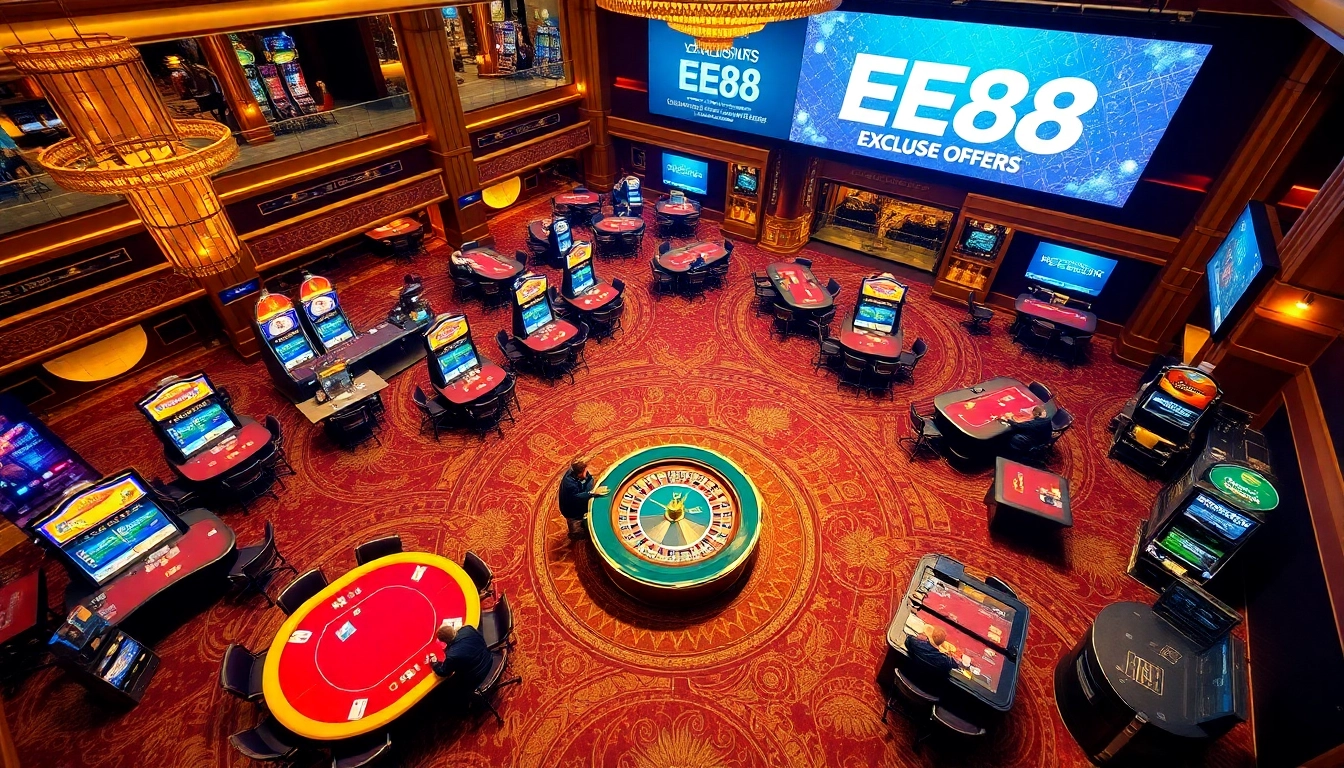 EE88 logo prominently displayed in a vibrant casino environment filled with excited players and high-stakes games.