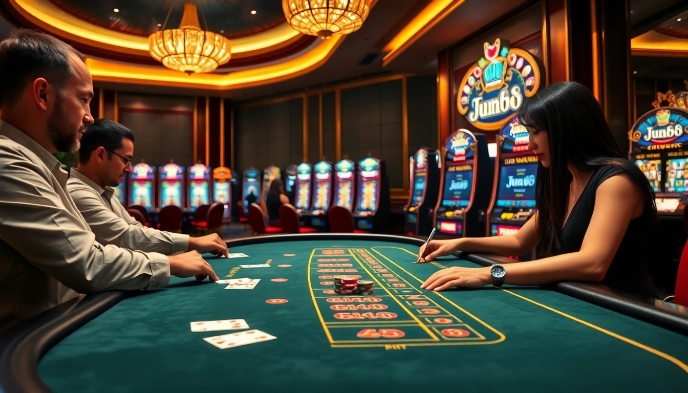 Experience the excitement of jun88 đăng nhập at a luxurious casino with vibrant gaming tables.