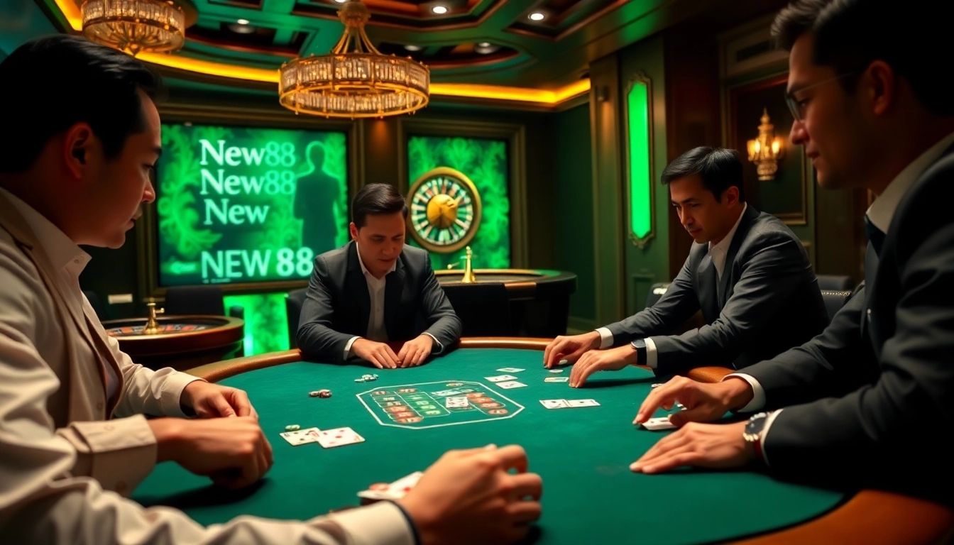 Players strategizing at a New88 poker table in an elegant casino ambiance.