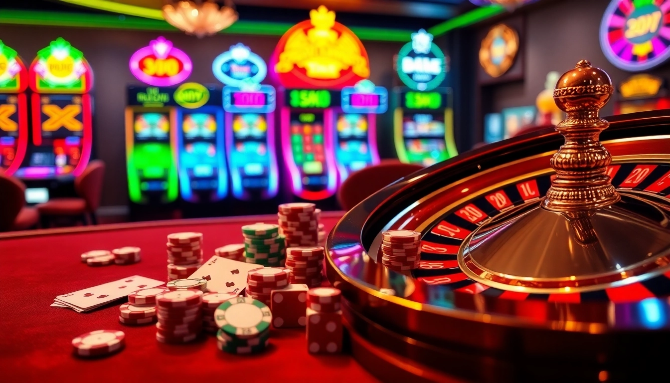 Exciting casino scene featuring high stakes at 88i com with vibrant slot machines and roulette.