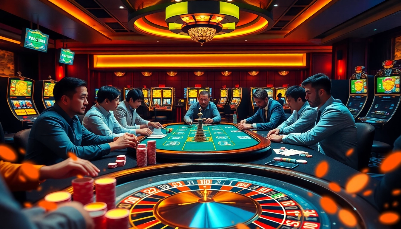 Players strategizing with cards and chips at the 79king poker table in a luxurious casino setting.