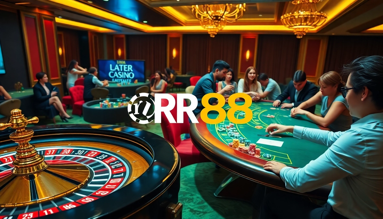 Experience the thrill of RR88 with vibrant casino tables and engaged gamblers in an elegant setting.