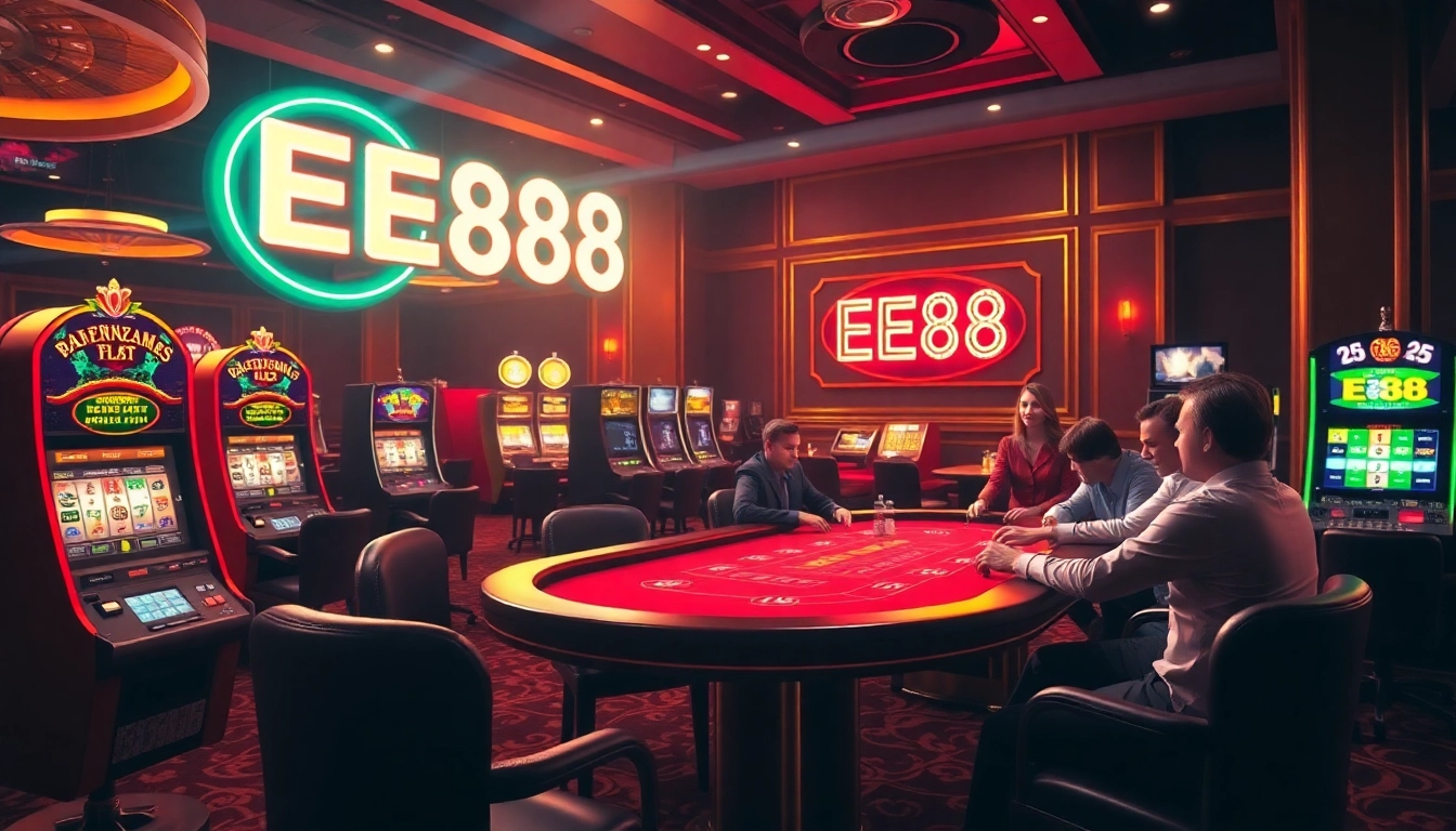 Experience the excitement at the EE88 casino, featuring vibrant poker action and slot machines.