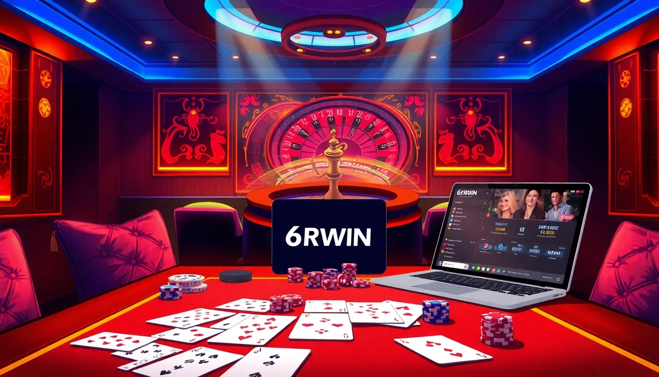 Experience the thrill of gambling with 6RWIN's vibrant casino scene showcasing a luxurious gaming table.