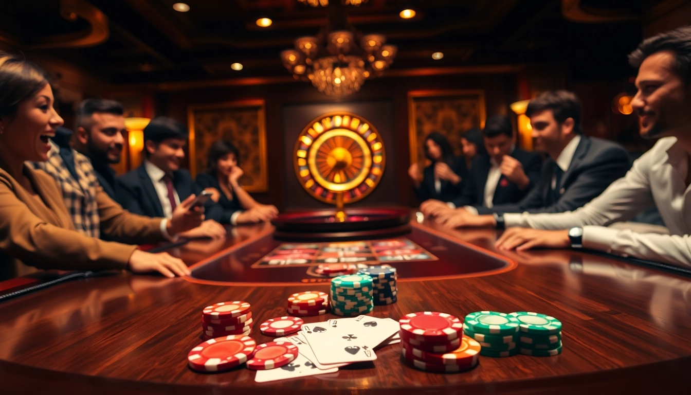 Players enjoying an exciting poker game at a luxurious casino with nh88 chips and cards.