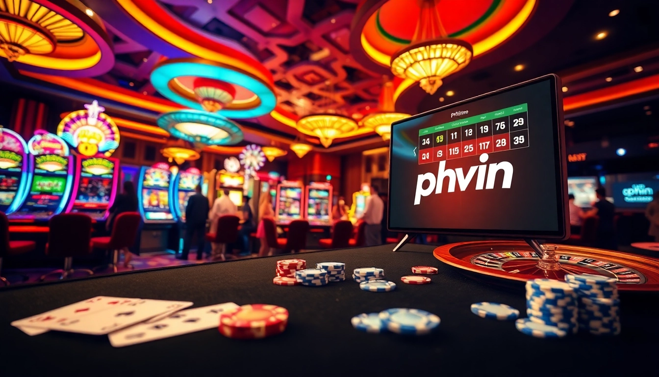 Experience the excitement of phwin with vibrant casino visuals featuring slot machines and roulette tables.