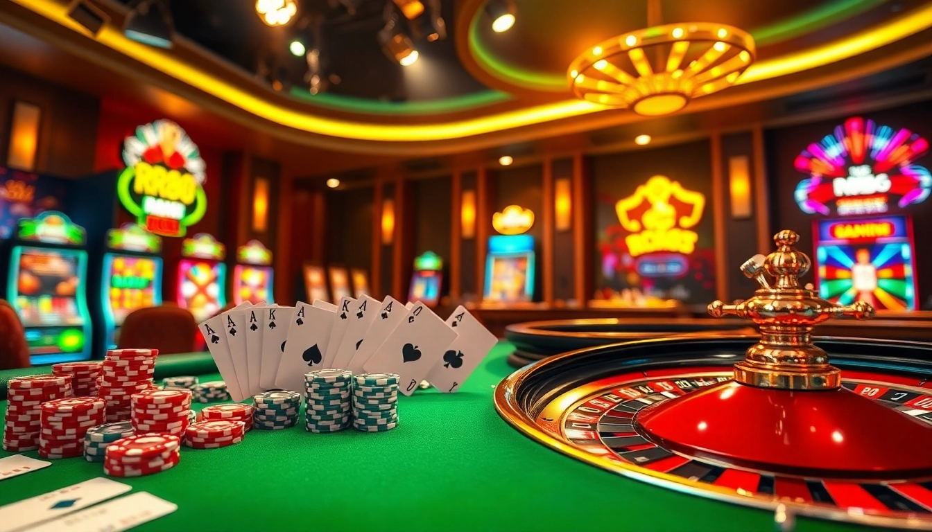 Join the thrilling action at RR88's vibrant casino table featuring poker chips and roulette wheel.