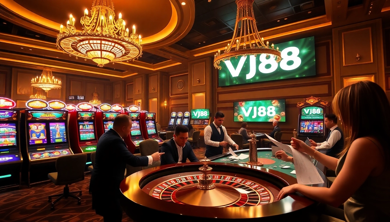 VJ88 casino scene with luxury roulette table, vibrant slot machines, and engaged gamblers.
